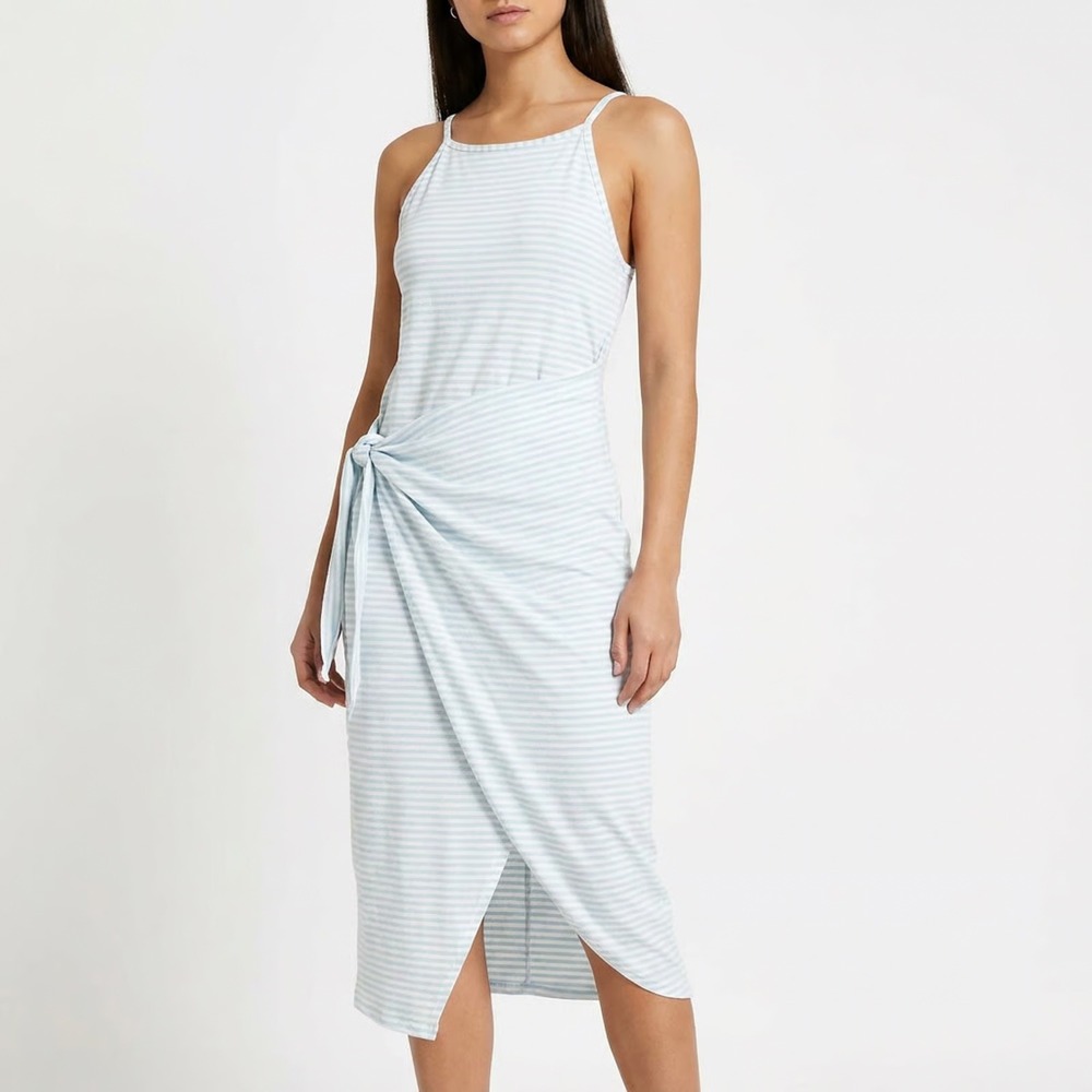 Chic Style Blue White Striped Wrap Midi Dress Sleeveless High Neck Large
